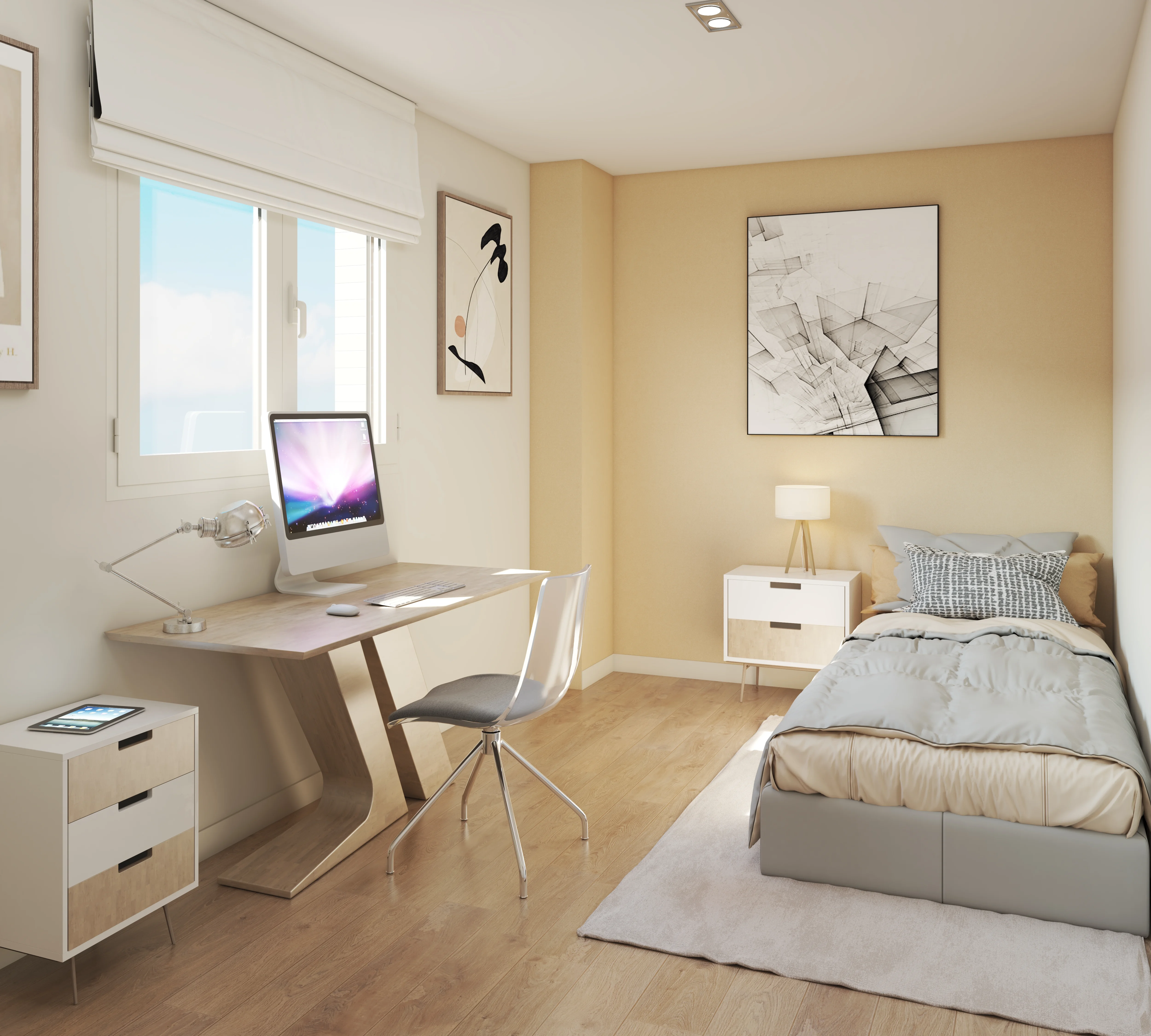 Dormitorio en vivienda de obra nueva Arcosur Zaragoza con carpintería lacada en blanco
