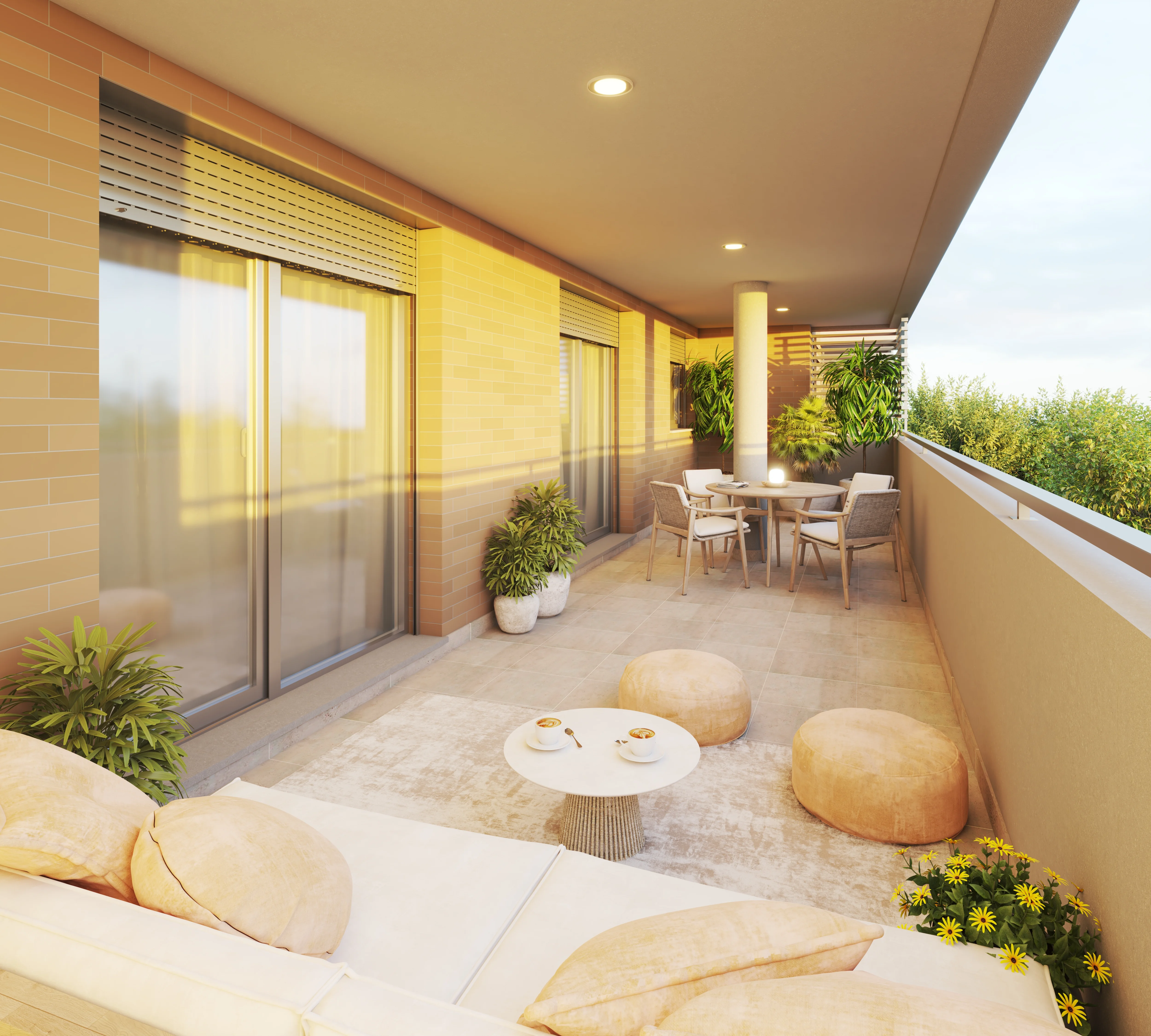 Terraza privada con gres antideslizante en vivienda nueva SEDETAN Residencial